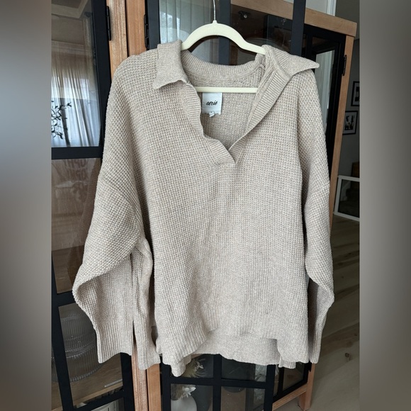 Aerie CozyUp Waffle Polo Sweater beige long sleeve top tee heather fawn ribbed - Picture 8 of 8